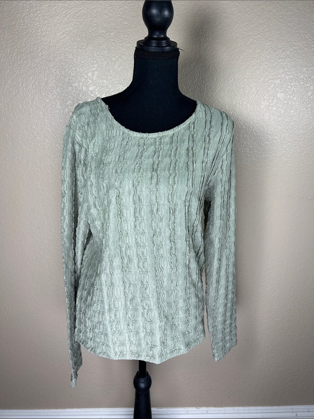 Sage Green Textured Long Sleeve Blouse Top Size Large